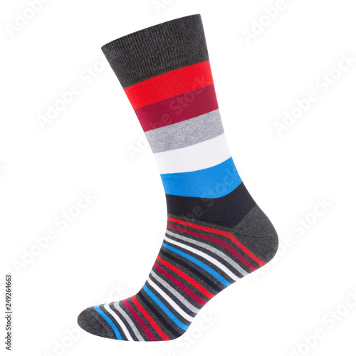 volumetric male multi-colored sock stands on a white background