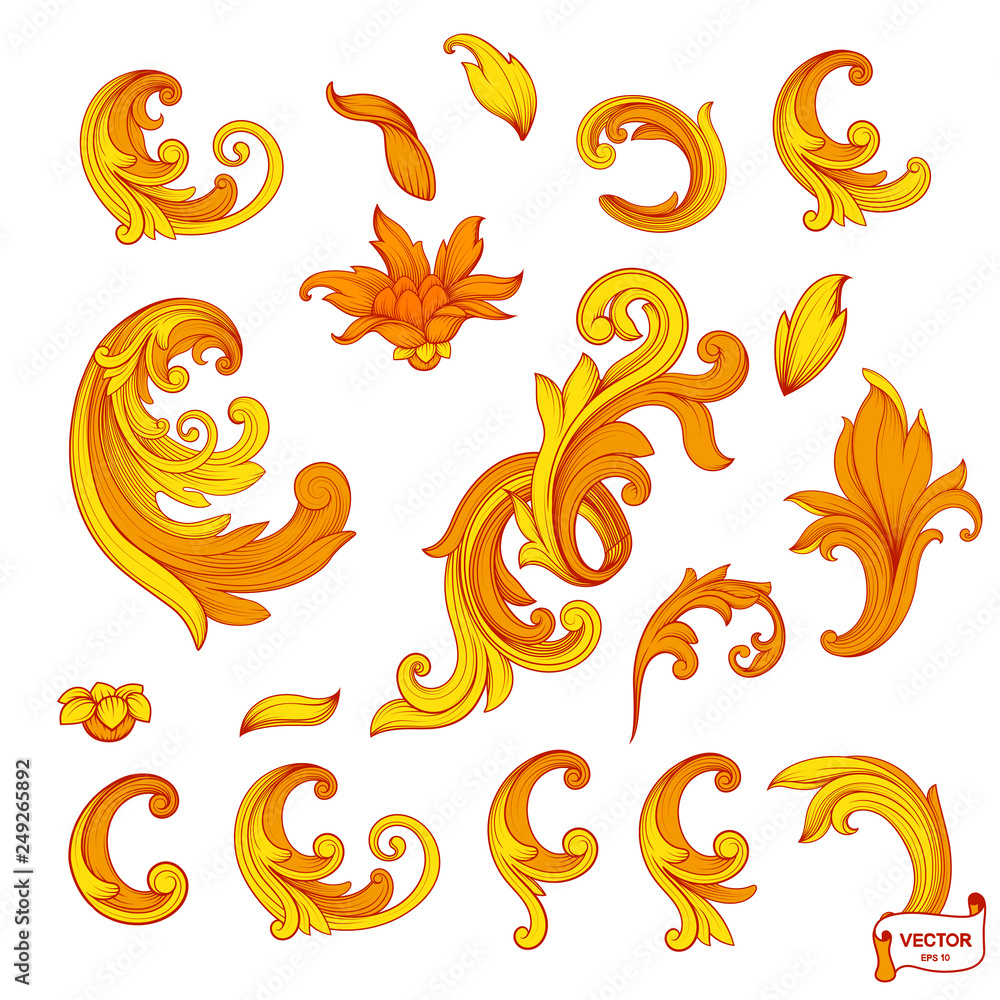 Set of element baroque engraving floral scroll Set of element baroque engraving floral scroll