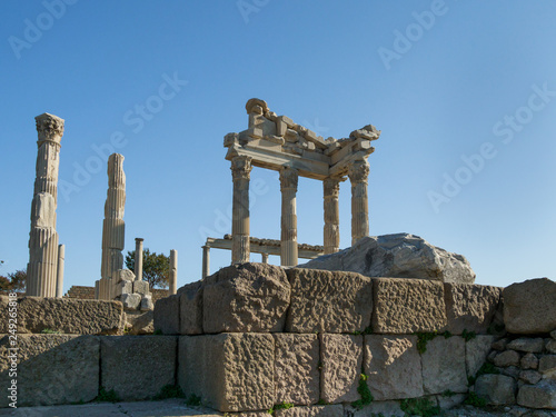 Ruins of the Temple of Trajan in the ancient city of Pergamum or Pergamon's Upper Acropolis area, Izmir Province, Turkey