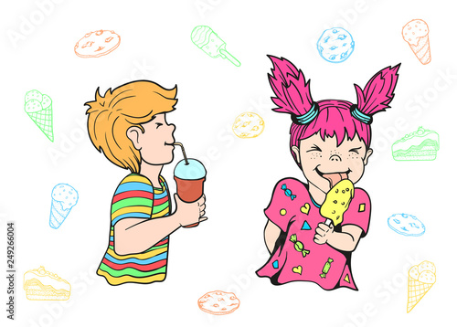 Set of boy and girl with sweets.