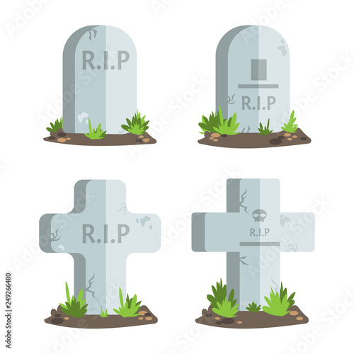 Set of Halloween tombstones with message R.I.P text and grass bushes on white background. Vector illustration.