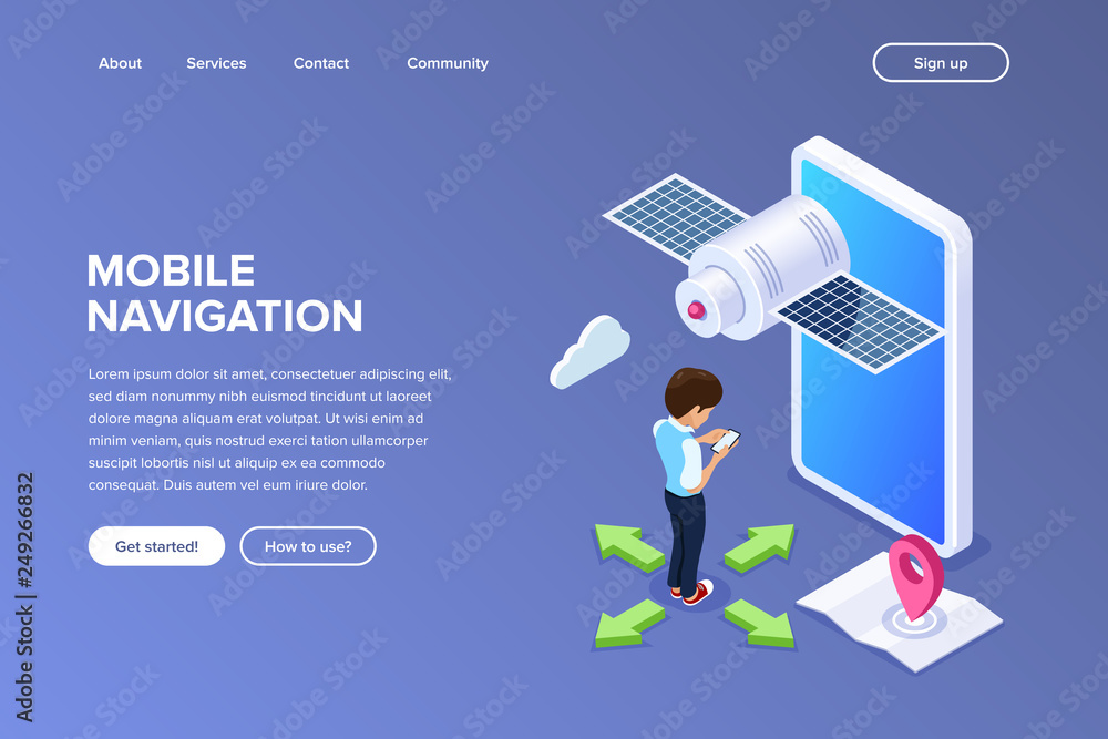 Isometric flat mobile navigation concept. person uses mobile phone to pave the way. Satellite on the background of giant smartphone. Card with a pin. Can use for web banner, infographics, hero images. Isometric flat mobile navigation concept. person uses mobile phone to pave the way. Satellite on the background of giant smartphone. Card with a pin. Can use for web banner, infographics, hero images.