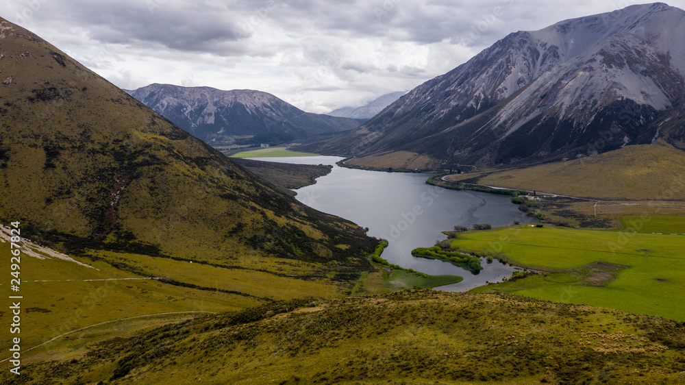 lake Pearson from above shot with a drone, beautiful lake Pearson in New Zealand, great New Zealand landscape aerial photography