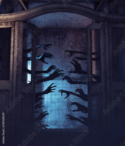 House of a thousand hands,Undead hands behind the doors in a haunted house,3d rendering photo