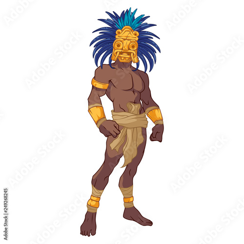 Ancient mayan warrior wearing an amazing golden mask with blue feathers