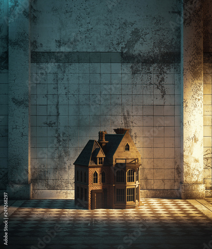 Dollhouse in haunted hallway,3d illustration for book cover