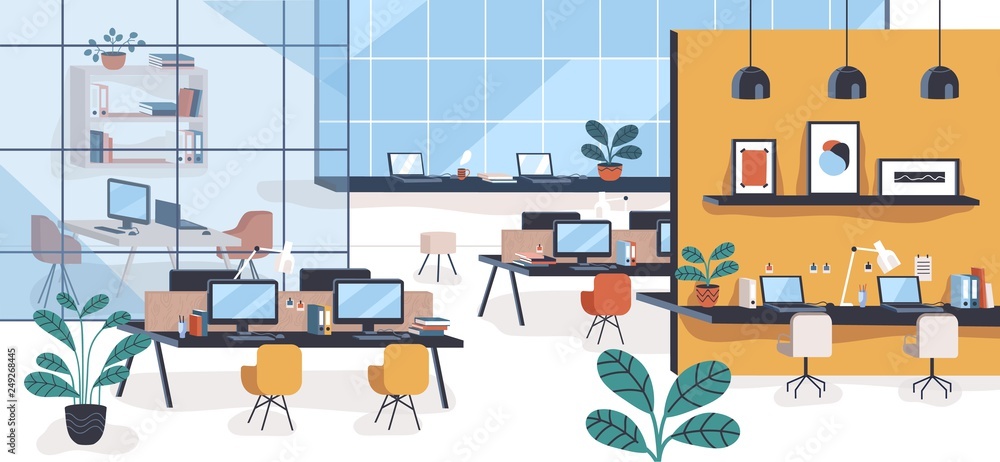 Modern office or open space with desks, computers, chairs. Comfortable co-working area or shared workplace full of stylish furniture and interior decorations. Colorful flat vector illustration. - obrazy, fototapety, plakaty 