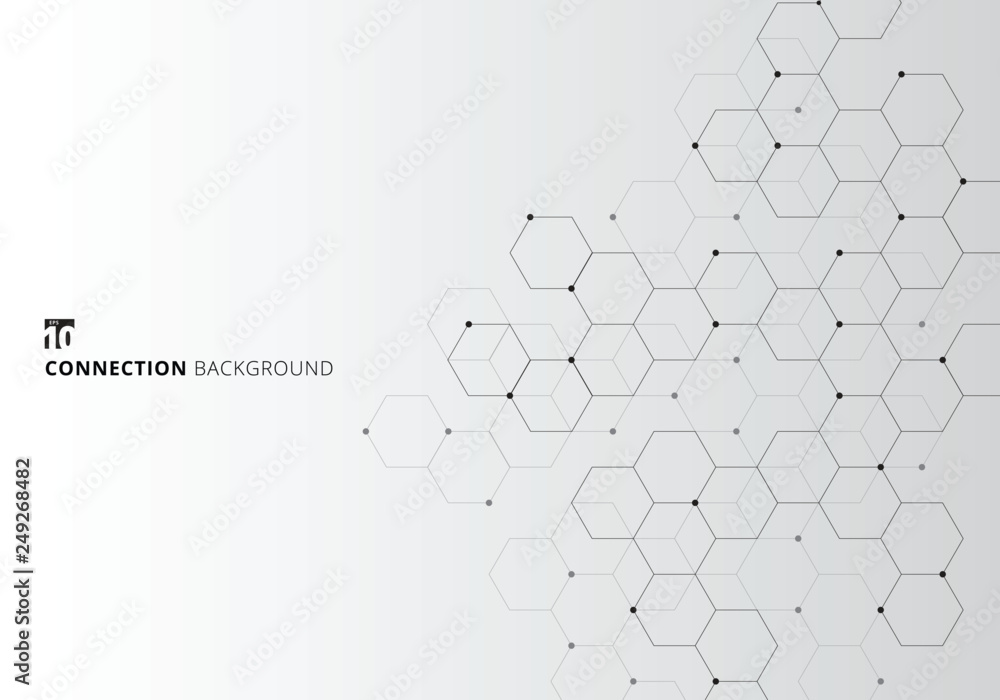 Fototapeta premium Abstract hexagons with nodes digital geometric with black lines and dots on white background. Technology connection concept