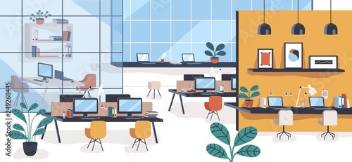 Modern office or open space with desks, computers, chairs. Comfortable co-working area or shared workplace full of stylish furniture and interior decorations. Colorful flat vector illustration. photo