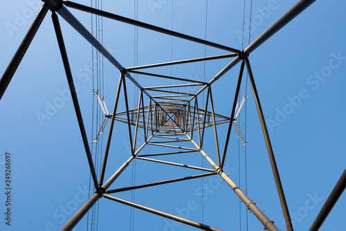 Electricity Pylon Below with Blue Sky in Switzerland.