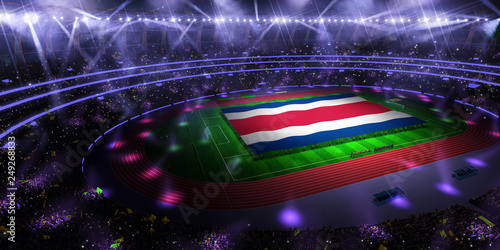 people hold Costa Rica flag in stadium arena. field 3d photorealistic render