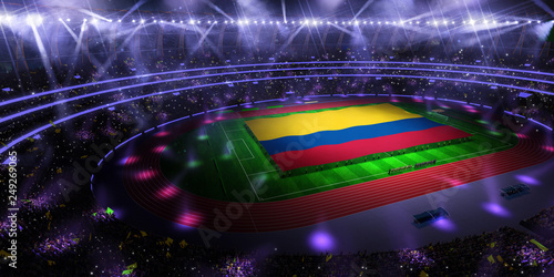 people hold Colombia flag in stadium arena. field 3d photorealistic render