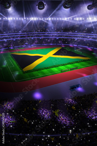 people hold Jamaica flag in stadium arena. field 3d photorealistic render © Anna Stakhiv