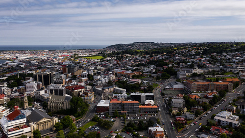 Fototapeta Naklejka Na Ścianę i Meble -  Dunedin from above, drone image of Dunedin New Zealand, city landscape aerial photography