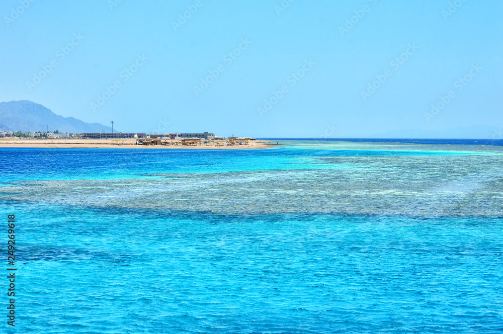 coral reef, surrounded by colorful shades of sea water