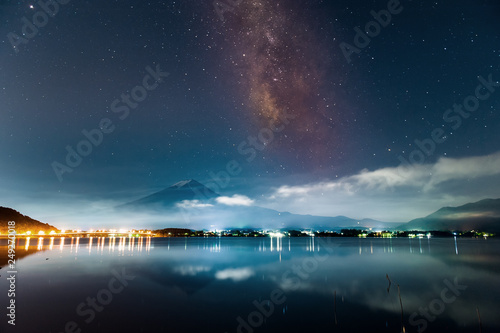 Mt. Fuji at Lake Kawaguchi with milkyway, Japan.