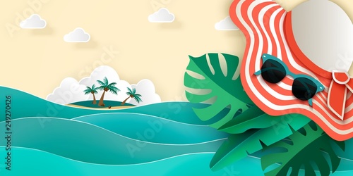 Summer sea background with sea, island, palm sunhat, sunglasses, monstera 3D vector