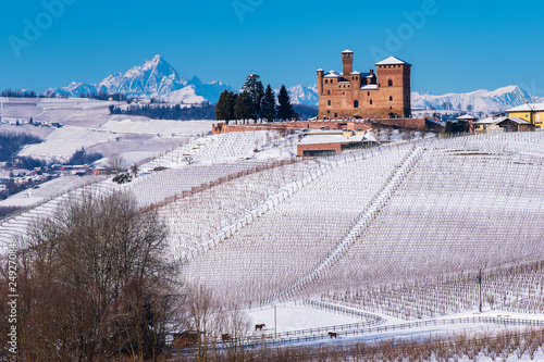 Suggestive view of the Unesco Castle of Grinzane Cavour on the snowy hills and vineyards on the bottom the mountains of Monviso photo