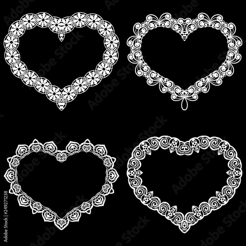 Laser cut frame in the shape of a heart with lace border. A set of the foundations for paper doily for a wedding. Vector templates for cutting out.