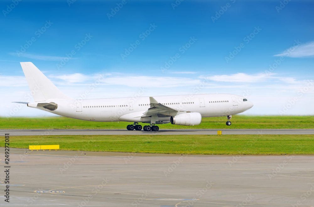Take off aircraft from the runway at the airport, side view Take off aircraft from the runway at the airport, side view