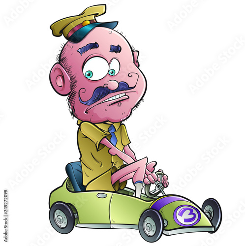Cartoon cute retro driver in a small car