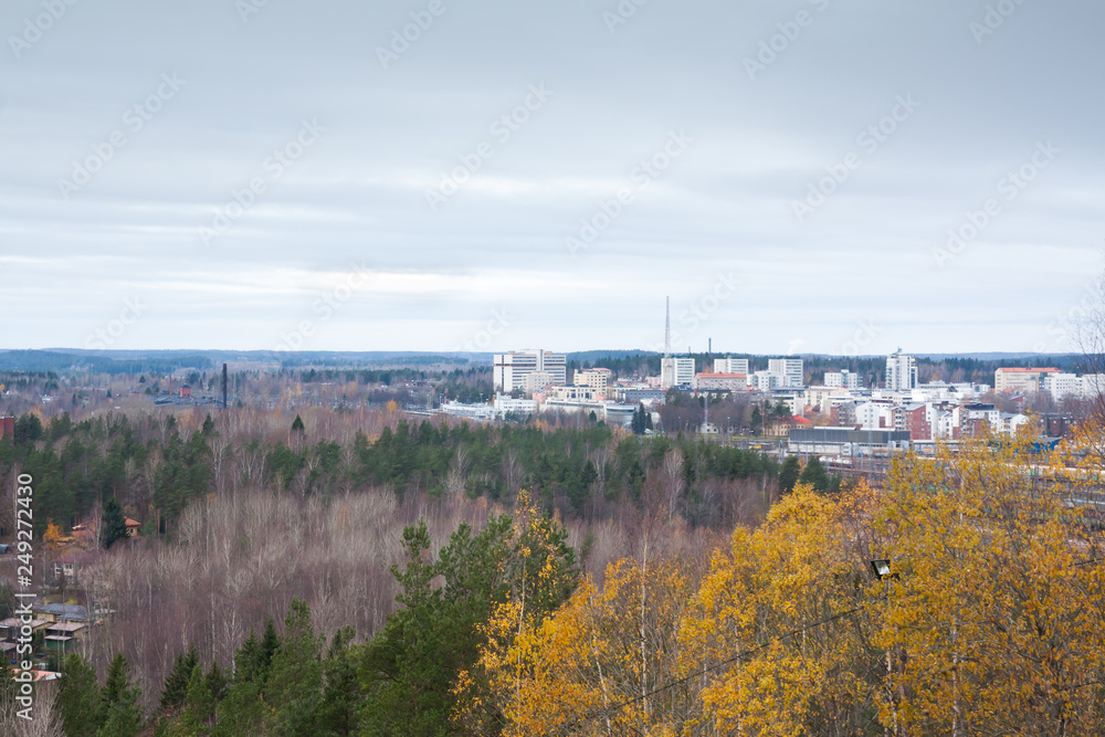 Beautiful top view from above of city Kouvola from slope Mielakka. Autumn day, Finland