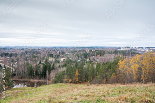 Beautiful top view from above of city Kouvola from slope Mielakka. Autumn day  Finland