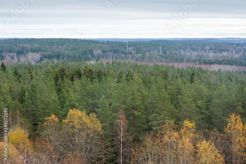 Beautiful top view from above of city Kouvola from slope Mielakka. Autumn day, Finland