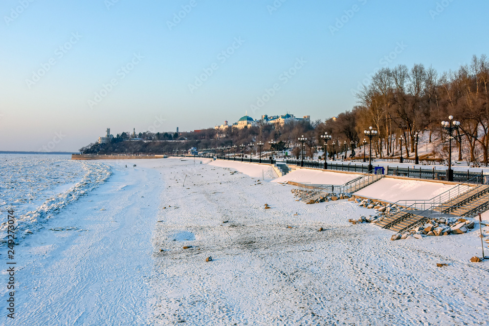 Russia. Khabarovsk-January 2019: city embankment. Winter landscape. Russia. Khabarovsk-January 2019: city embankment. Winter landscape.