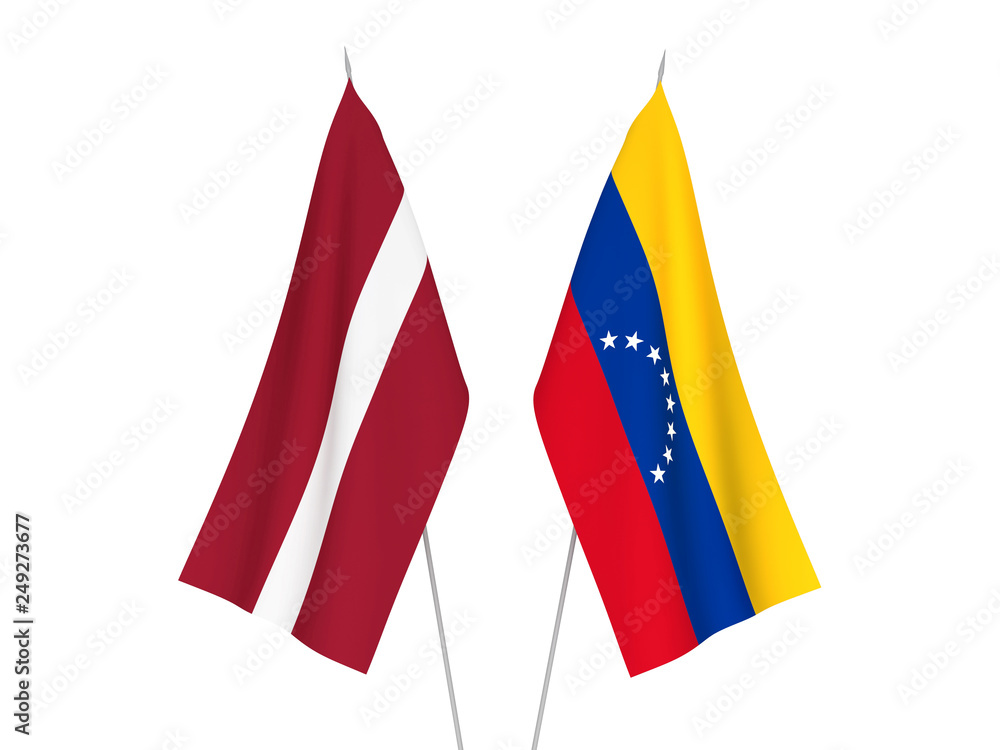 National fabric flags of Latvia and Venezuela isolated on white background. 3d rendering illustration.