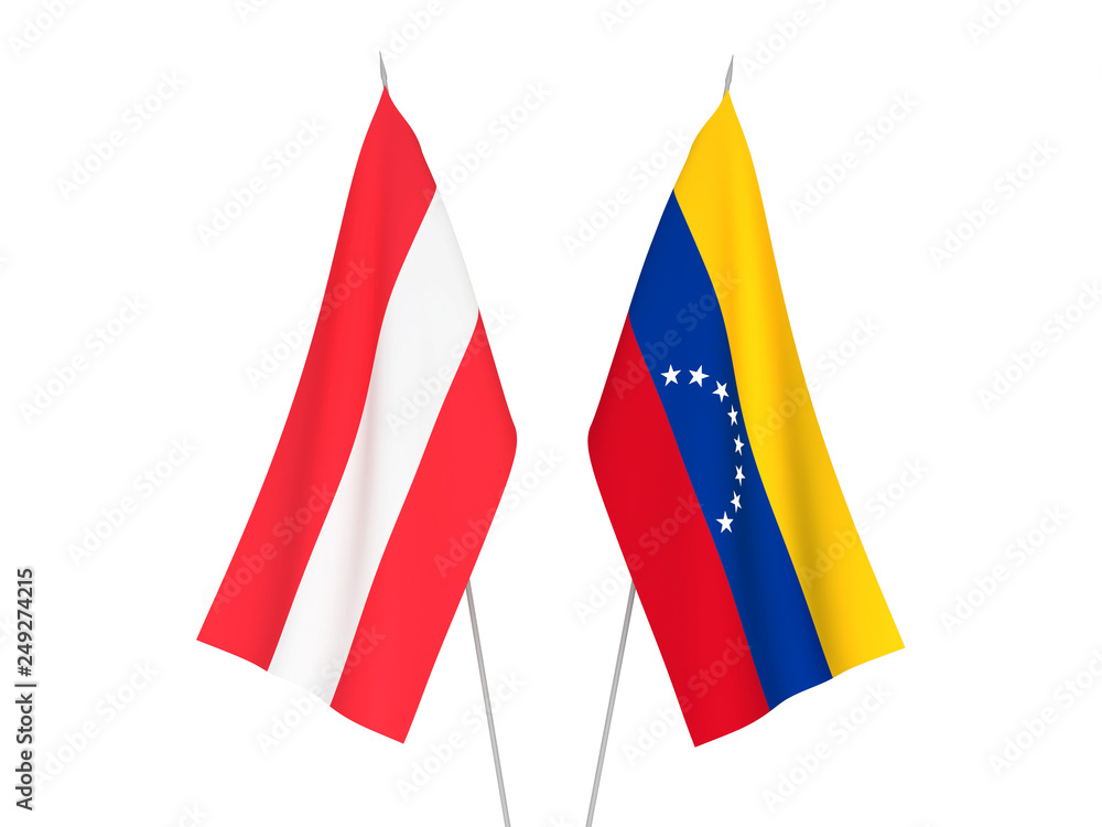 National fabric flags of Venezuela and Austria isolated on white background. 3d rendering illustration.