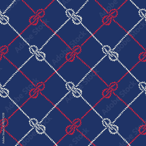 Hand-Drawn Rope Diagonal Plaid with Zeppelin Bend Nautical Knots Vector Seamless Pattern. Blue Marine Background