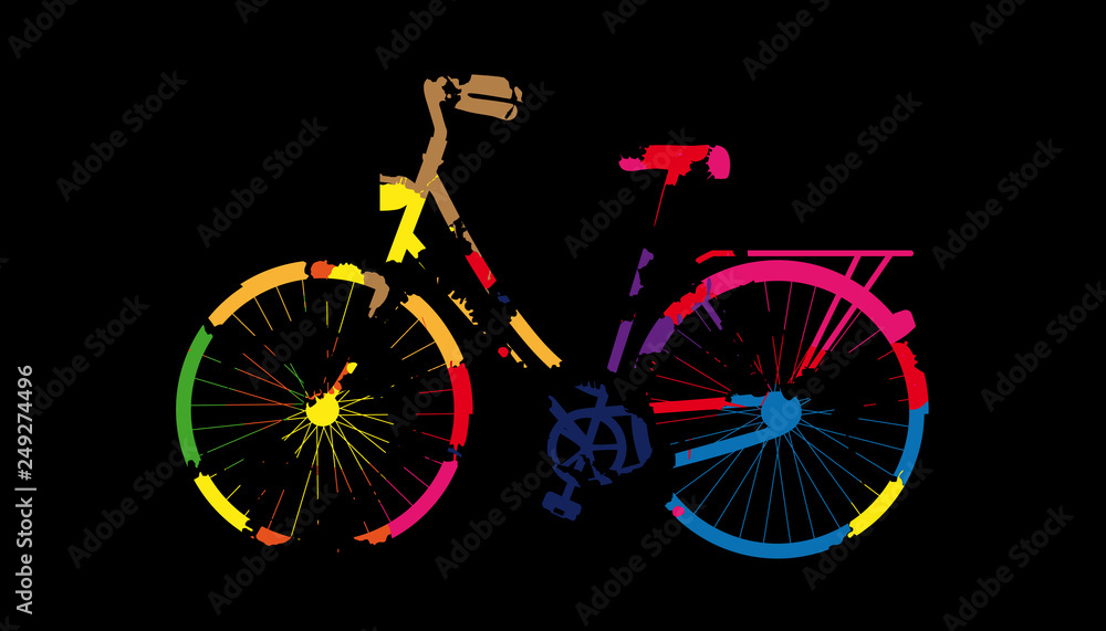 Fototapeta premium Painted Bicycle With Colored Blobs - Vector Illustration - Isolated On Black Background