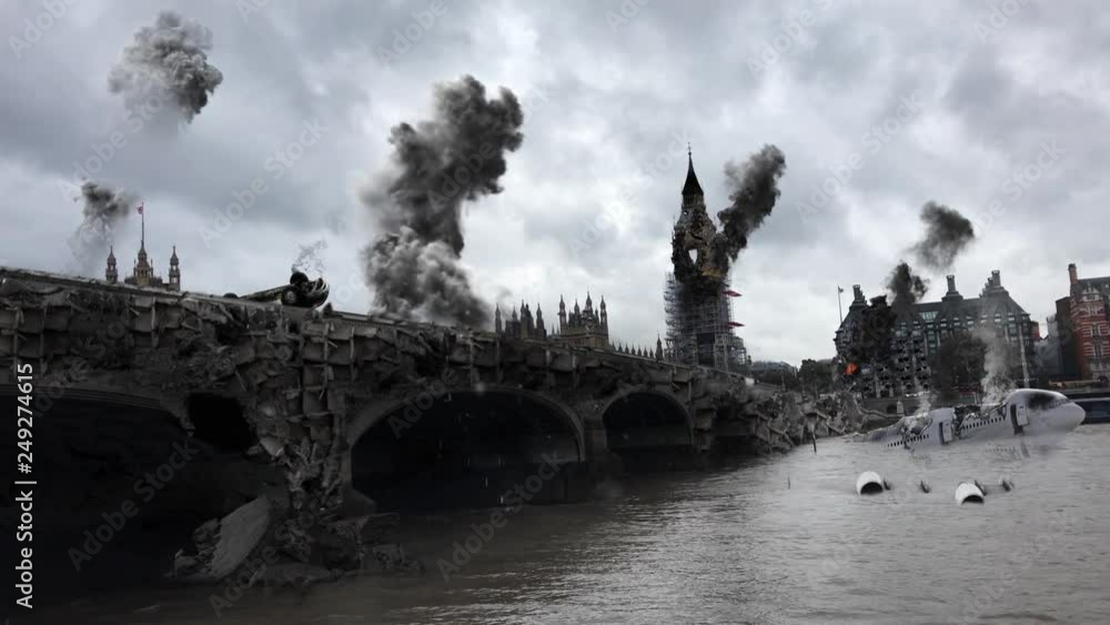 London Destroyed under Attack in war illustration Powerful Video Compositing simulates real video footage with visual effects elements of London big ben and Thames River Destroyed after attack with sm