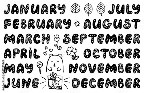 Handwritten names of months. Cute doodle set for banner, poster, notebook, diary, daily log, datebook, calendar, schedule, sticker, organizer, greeting card, bullet journal and planner.