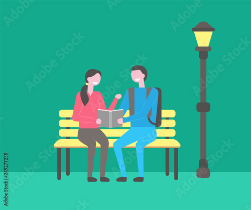 Students sitting on bench in campus vector, evening night. Man and woman studying information from book, publication in hands of youth, exam preparation