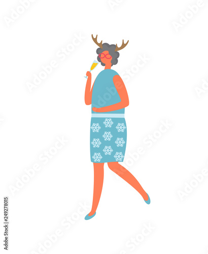 Woman in blue skirt with flowers and blouse, drinking elite champagne vector cartoon character isolated. Female with deer horns accessory, vector icon