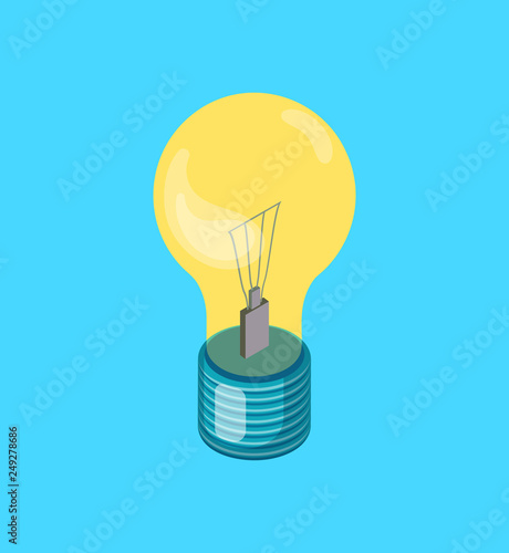 Electric light bulb vector realistic icon. Fluorescent lightbulb, energy saving object, symbol of new idea, lighting equipment isolated on blue