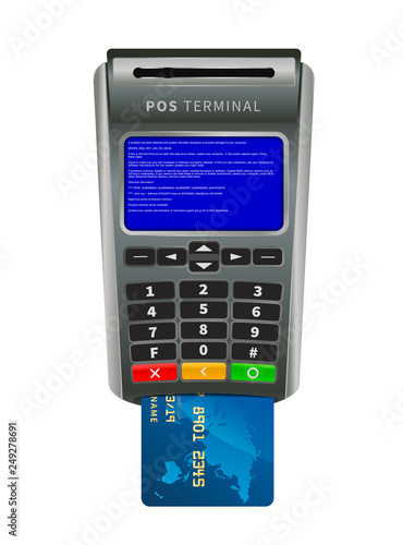 Realistic NFC POS terminal for payment with bug BSOD error message on white