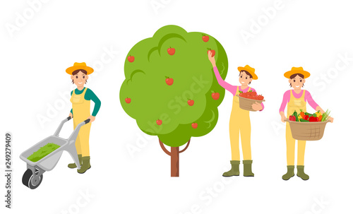 Woman farming people isolated icons vector. Farmer pushing trolley with compost for soil to be fertile. Basket with harvested vegetables and fruits