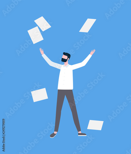 Man in casual clothes throwing up pages. Portrait view of standing person on blue with falling empty sheets of paper, worker and documents flat vector