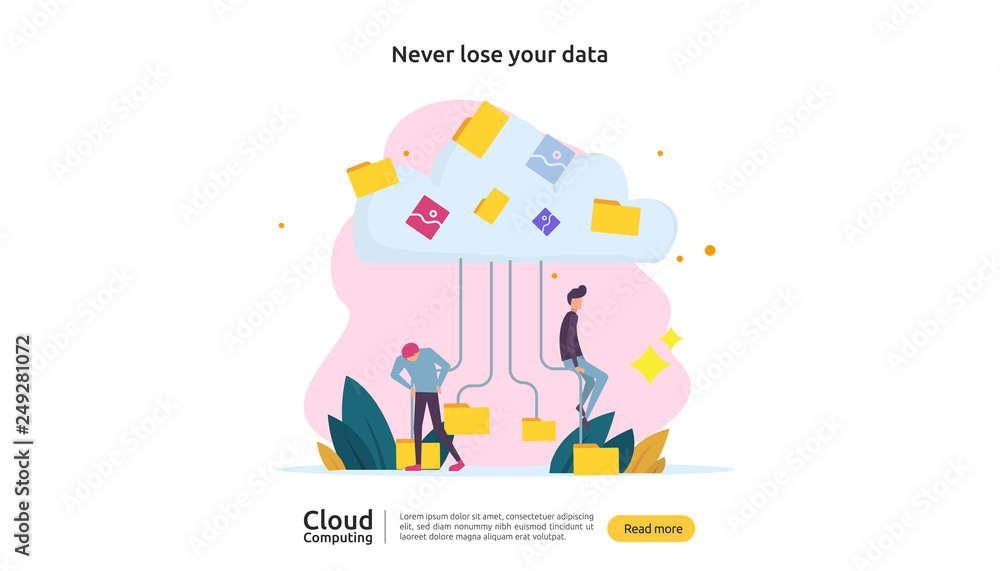 Cloud computing concept. Hosting network service or Online database storage system with people character for web landing page template, banner, presentation, social, and print media with flat style. Cloud computing concept. Hosting network service or Online database storage system with people character for web landing page template, banner, presentation, social, and print media with flat style.