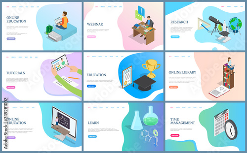 Online education and webinar vector, research and time management. Library and tutorials on web pages, laptop and computer, digital technology and science. Website template landing page in flat