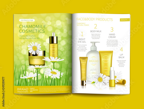 Vector template for glossy cosmetic magazine. Magazine or catalog spread, page with natural herbal cosmetics from camomile flowers on yellow background. Skin care complex from chamomile extract