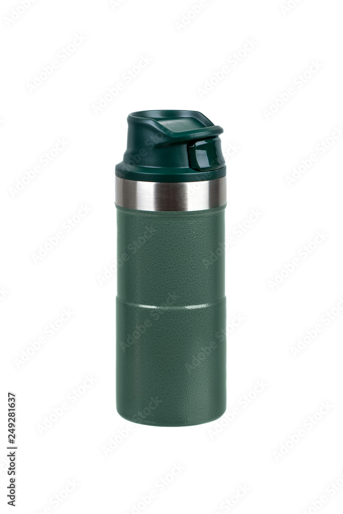 Metal thermos isolated on white. Front view of the thermo flask isolated on white. Metal thermos isolated on white. Front view of the thermo flask isolated on white.