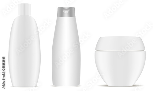 Fototapeta Naklejka Na Ścianę i Meble -  Bottle Collection Mockup. Cosmetic Jar Template. White Container for Perfume, Shampoo, Cream. 3d Cosmetics Brand Blank.