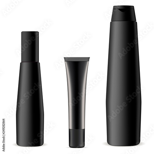 Black Cosmetic Bottle and Tube Set. Bath Flask Mockup. Hair Balm or Conditioner Men Collection. Shower Soap and Oil Essence Flacon. Cosmetology Gygiene Package.