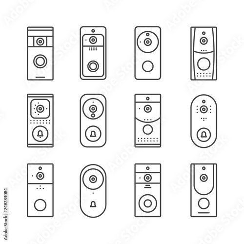 Smart home devices, Internet of Things set. Remote doorbell rings, appliances for house or office. Thin line art icons. Linear style illustrations. Vector flat design. Wireless doorbells.