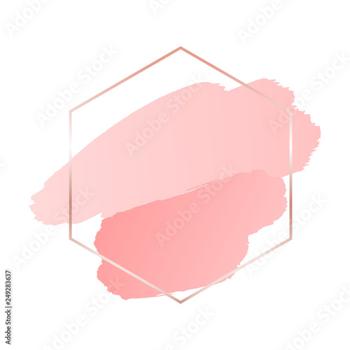 Abstract pink brush background with hexagon geometric frame rose gold color