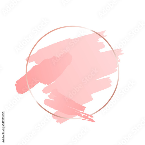 Abstract pink brush background with round geometric frame rose gold color